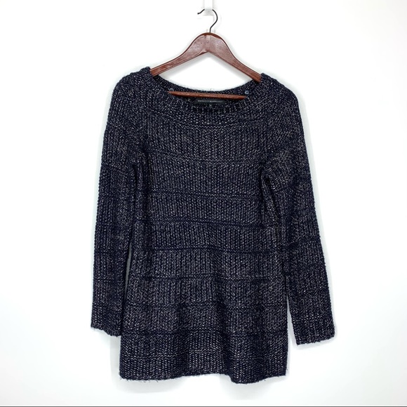 White House Black Market Navy Blue Metallic Fleck  Sweater With Removable Scarf - Picture 4 of 16